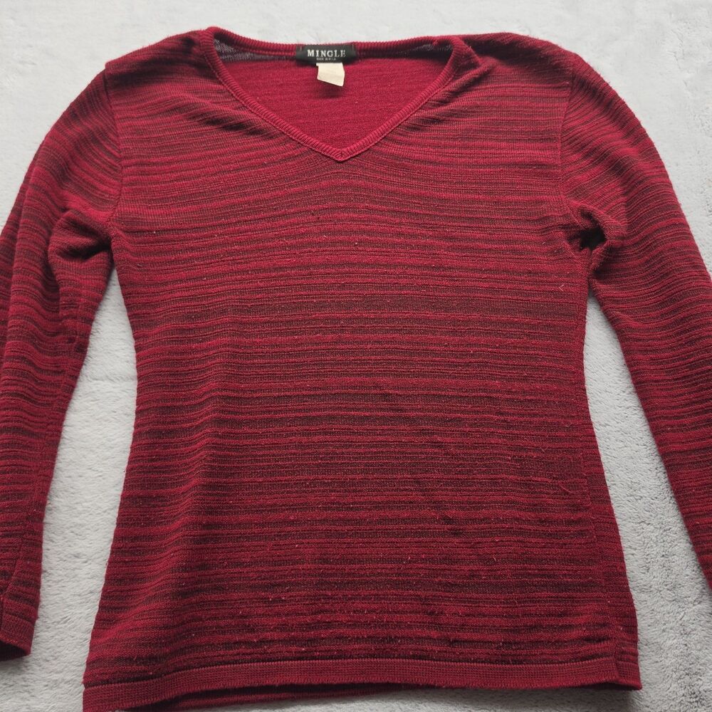 Vintage Mingle Y2K Long Sleeve V-Neck Ribbed Knit Top Red Black Womens Medium...